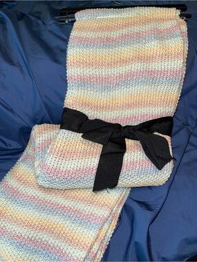 Magaschoni Pastel Striped Knit Throw Blanket - Cream, Pink, Blue, Yellow